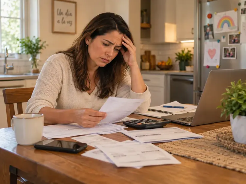 Mamá preocupada revisando cuentas y facturas, pensando en el costo de un tutor
