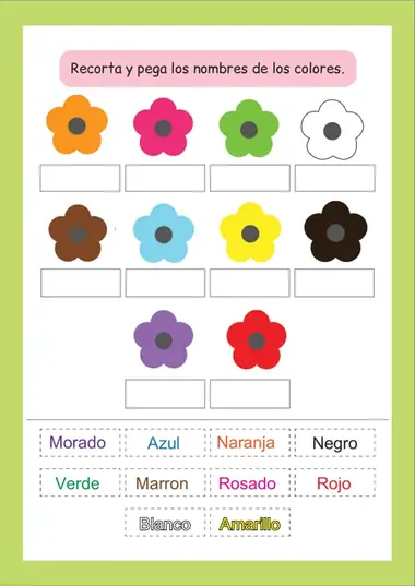 Actividad de primeros pasos: recorta y pega los nombres de los colores