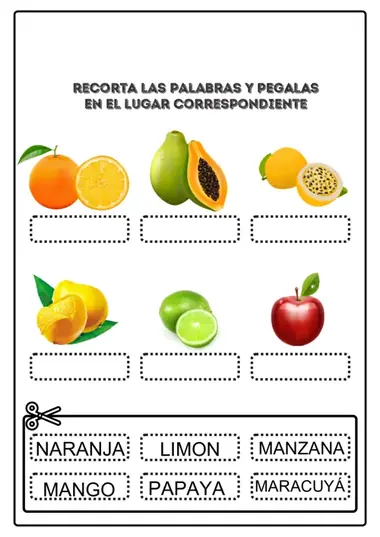 Actividad de alfabetización: recorta y pega frutas